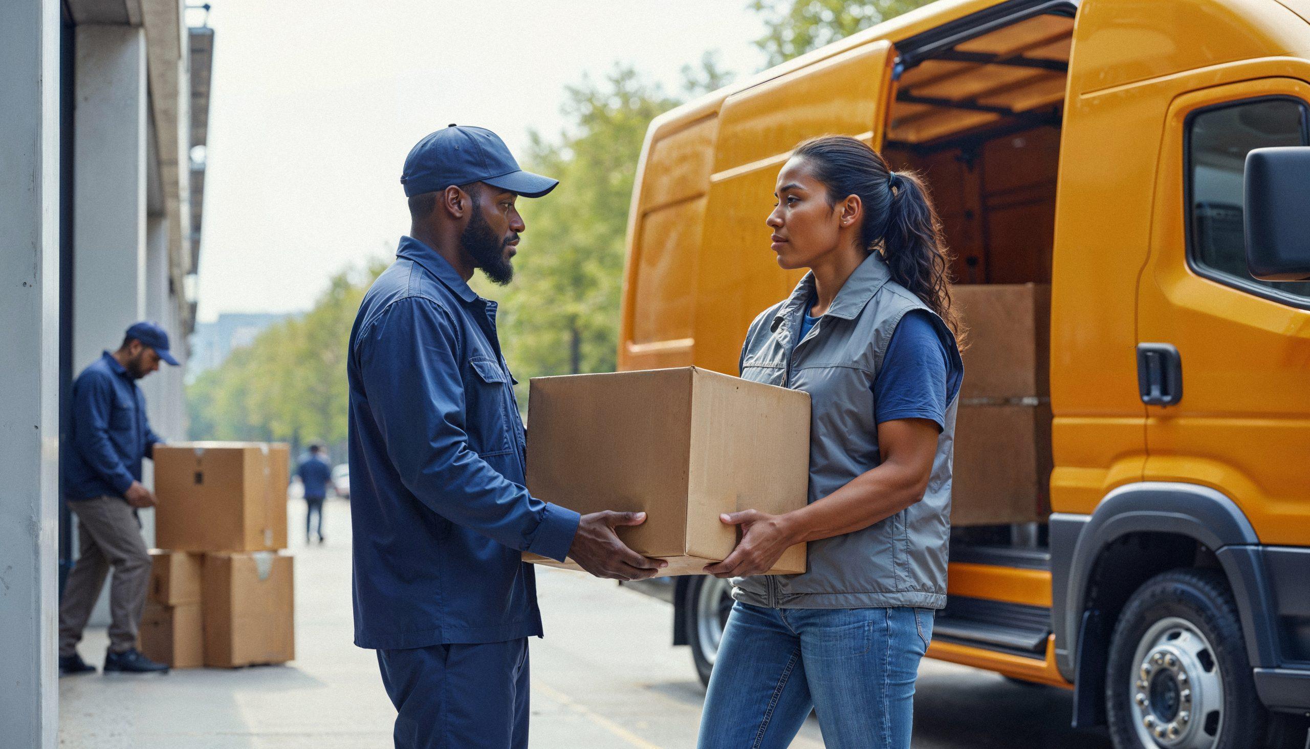 delivery service personnel transferring package from truck